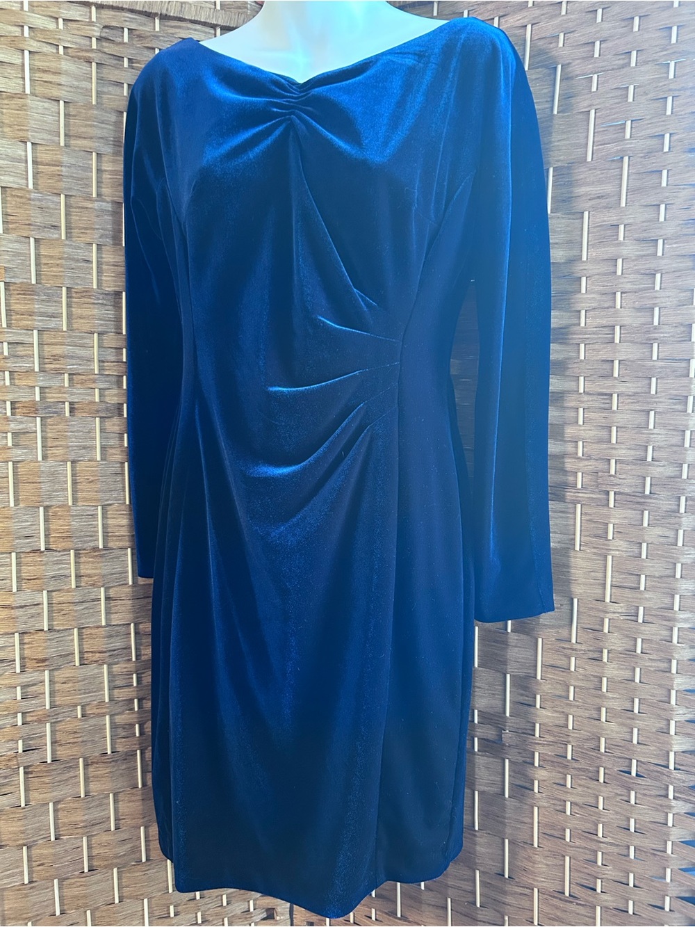 Lauren Ralph Lauren Navy Cotton Velvet Ruched Boatneck Sheath Dress 8 Petite